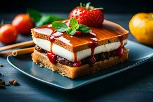 a slice of cake with strawberries and cream. AI-Generated photo