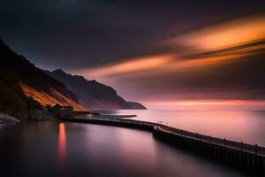 a long exposure photo of a pier in the ocean. AI-Generated