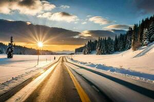 a snowy road in the winter. AI-Generated photo