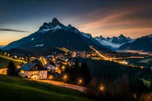 un pueblo y montañas a oscuridad. generado por ai foto