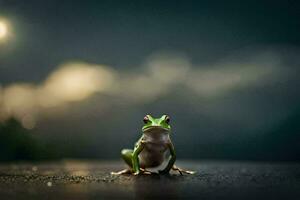 a frog sitting on the ground in front of a cloudy sky. AI-Generated photo