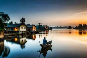 a man in a boat on the water at sunset. AI-Generated photo