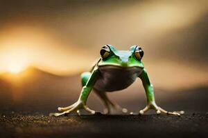 a frog is standing on the ground with the sun in the background. AI-Generated photo