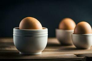three eggs in white cups on a wooden table. AI-Generated photo