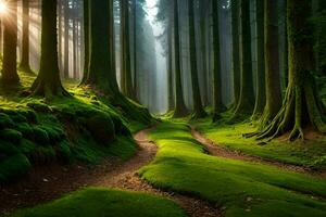 a path through a forest with trees and grass. AI-Generated photo