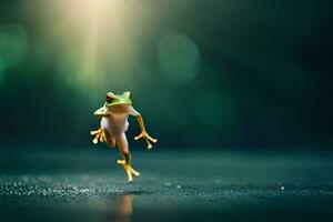 a frog jumping in the air with sunlight shining on it. AI-Generated photo