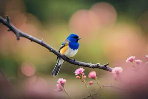 a blue bird sits on a branch with pink flowers. AI-Generated photo