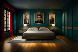 a bedroom with blue walls and wood floors. AI-Generated photo