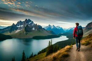 a man with a backpack walks along a trail in the mountains. AI-Generated photo
