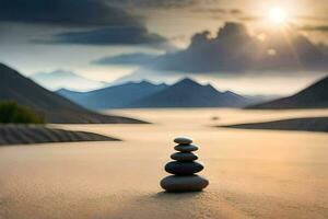 stacked stones in the desert, mountains, sunset, hd wallpaper. AI-Generated photo