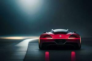 the rear end of a red sports car on a dark road. AI-Generated photo