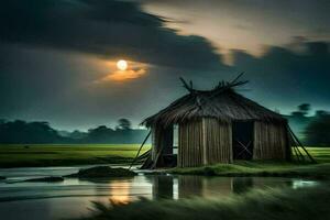 a hut sits on the edge of a river with a full moon in the background. AI-Generated photo