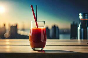 a glass of juice with a straw on a table in front of a city skyline. AI-Generated photo