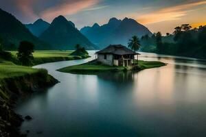 un casa en un isla en el medio de un río. generado por ai foto