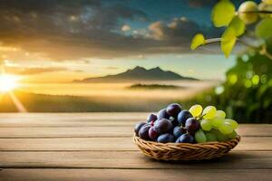 grapes in a basket on a wooden table with a view of the mountains. AI-Generated photo