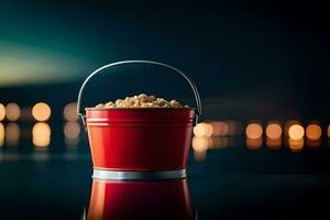 a bucket of popcorn on a table in front of a city. AI-Generated photo
