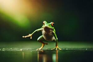 a frog is standing on its hind legs on a dark background. AI-Generated photo