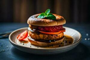 a hamburger with tomato, lettuce and cheese on a plate. AI-Generated photo