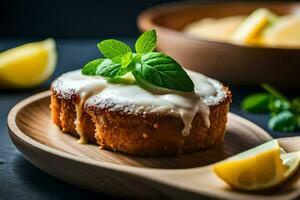 a cake with lemon and mint on a wooden plate. AI-Generated photo