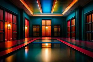 a room with red and blue lights and a pool. AI-Generated photo