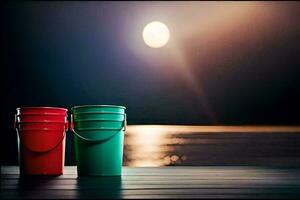 dos cubos sentar en un muelle a noche con el Luna en el antecedentes. generado por ai foto