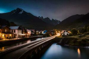 un río carreras mediante un pueblo a noche. generado por ai foto