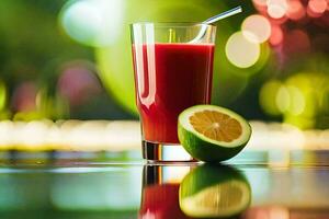 un vaso de jugo con un Lima en el mesa. generado por ai foto