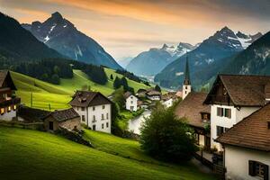a village in the mountains with green grass and mountains. AI-Generated photo