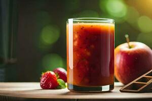 a glass of juice with strawberries and an apple. AI-Generated photo