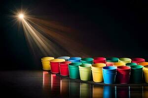 a row of colorful plastic cups on a black background. AI-Generated photo