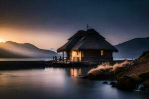 a small hut sits on the shore of a lake at sunset. AI-Generated photo