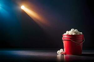 a bucket of popcorn on a dark floor with a spotlight. AI-Generated photo