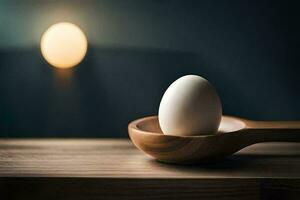 an egg in a wooden bowl on a table. AI-Generated photo