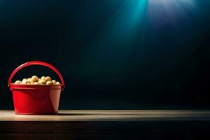 a bucket of peanuts on a table in front of a spotlight. AI-Generated photo