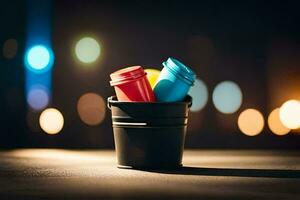 a bucket with three colorful plastic cups in it. AI-Generated photo