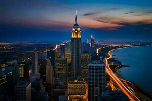 the empire state building is seen at dusk. AI-Generated photo