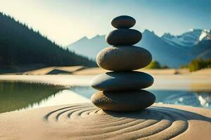stacked stones in the sand by a lake. AI-Generated photo