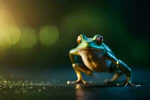 a frog is standing on the ground with a bright light behind it. AI-Generated photo