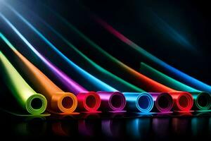 a row of colorful tubes on a black background. AI-Generated photo