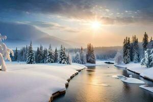 un río en el nieve. generado por ai foto