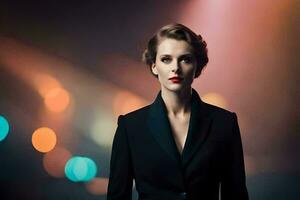 a woman in a suit and red lipstick. AI-Generated photo