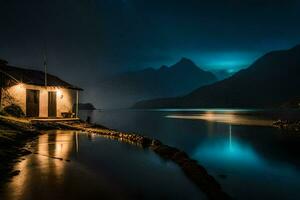 un pequeño casa se sienta en el apuntalar de un lago a noche. generado por ai foto