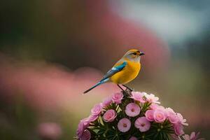 un pájaro encaramado en un rosado flor. generado por ai foto