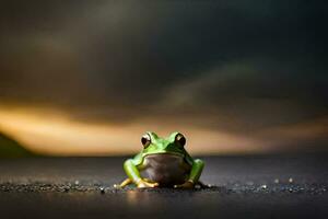 a frog sitting on the ground in front of a cloudy sky. AI-Generated photo