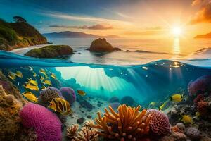 the sun sets over a coral reef and fish. AI-Generated photo