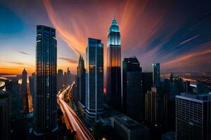 el ciudad horizonte a puesta de sol con largo exposición. generado por ai foto