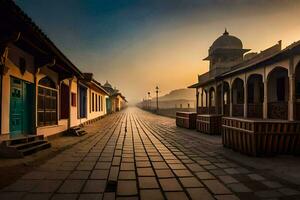 un largo vacío calle en frente de un edificio a amanecer. generado por ai foto