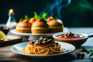 spaghetti and meatballs on a plate. AI-Generated photo