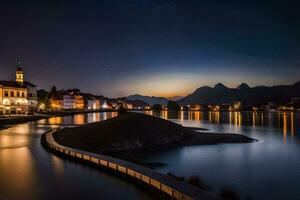 un ciudad a noche con un río y montañas en el antecedentes. generado por ai foto