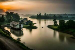 a river and some houses in the middle of a field. AI-Generated photo